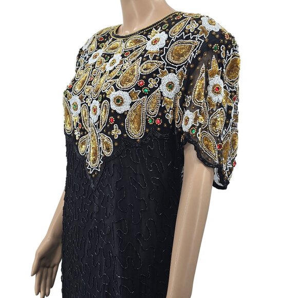 Vintage Swee Lo Silk Beaded Dress With Ornate Floral Design & Sequins - Picture 1 of 9